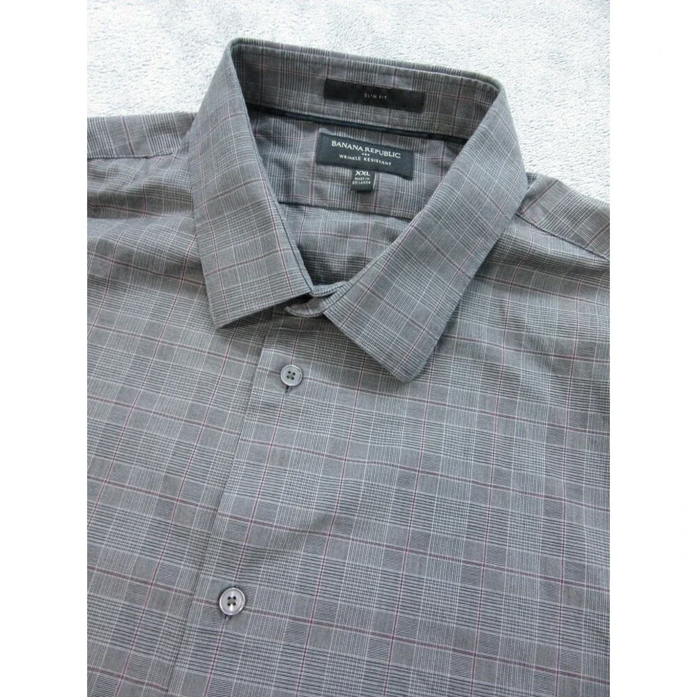 Banana Republic Shirt Men's XXL 2XL Slim Fit Wrinkle Resistant Plaid Gray